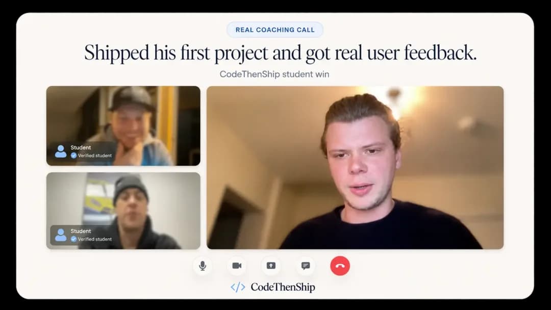 Coaching call still: business partners Marcus and Reid, who shipped a first project and got real user feedback